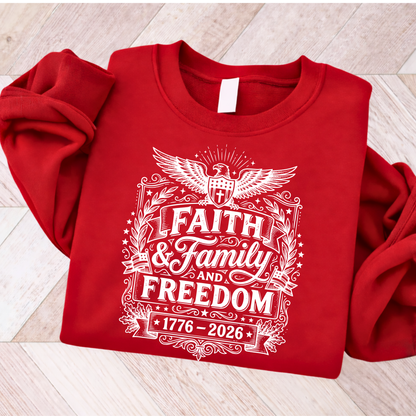 Red sweatshirt with white patriotic text and design on a wooden floor