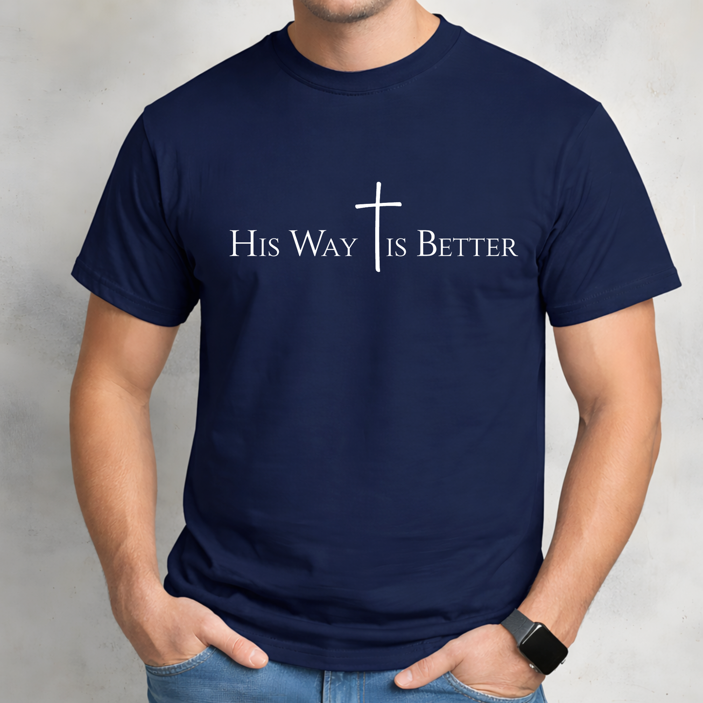 Navy blue t-shirt with 'His Way is Better' text and cross design on a gray background