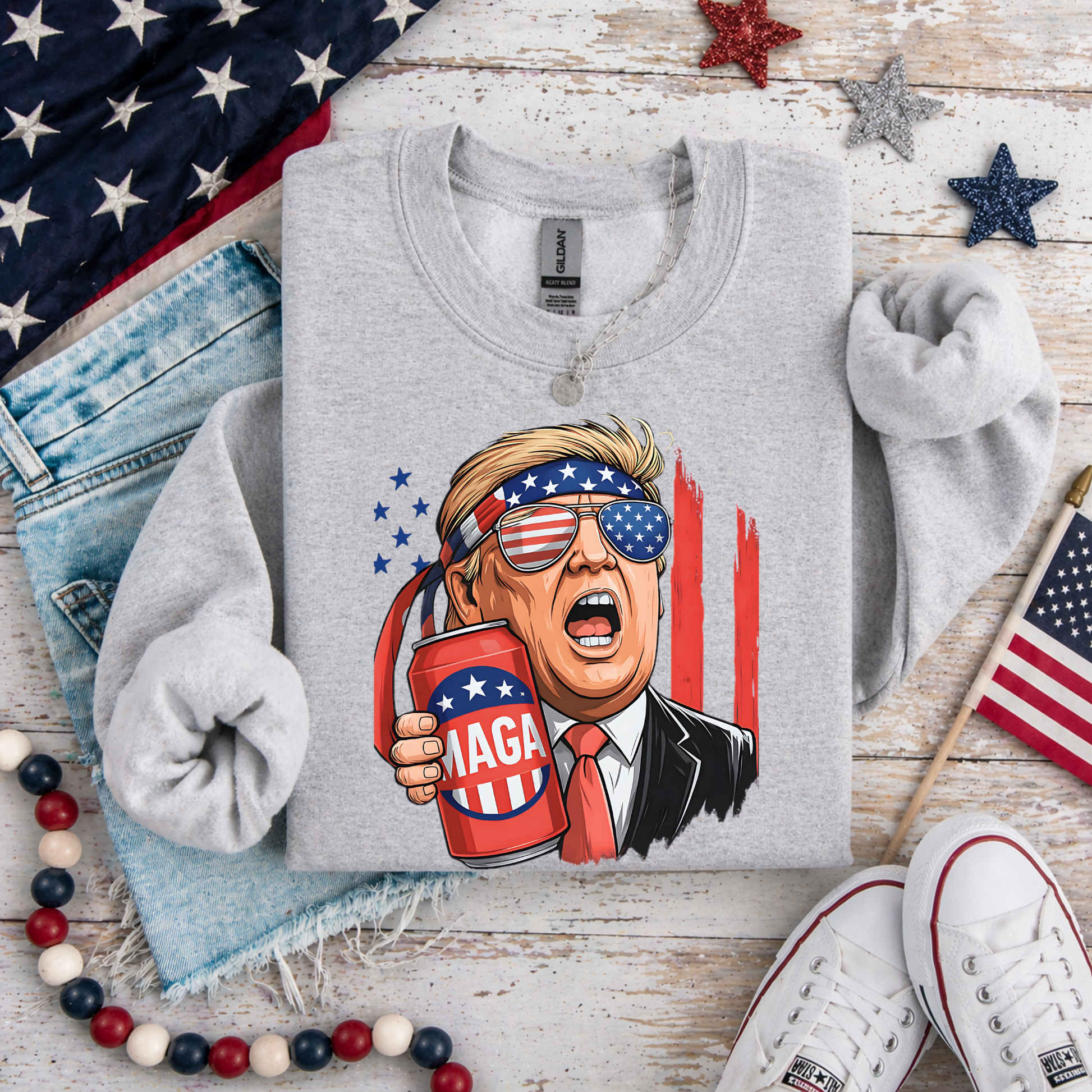 Flat lay patriotic shirt with American flag and accessories