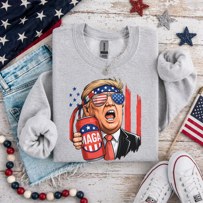 Flat lay patriotic shirt with American flag and accessories