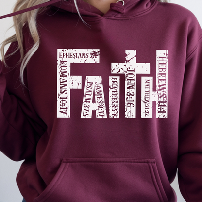 Maroon unisex Christian hoodie close-up featuring faith cross scripture graphic