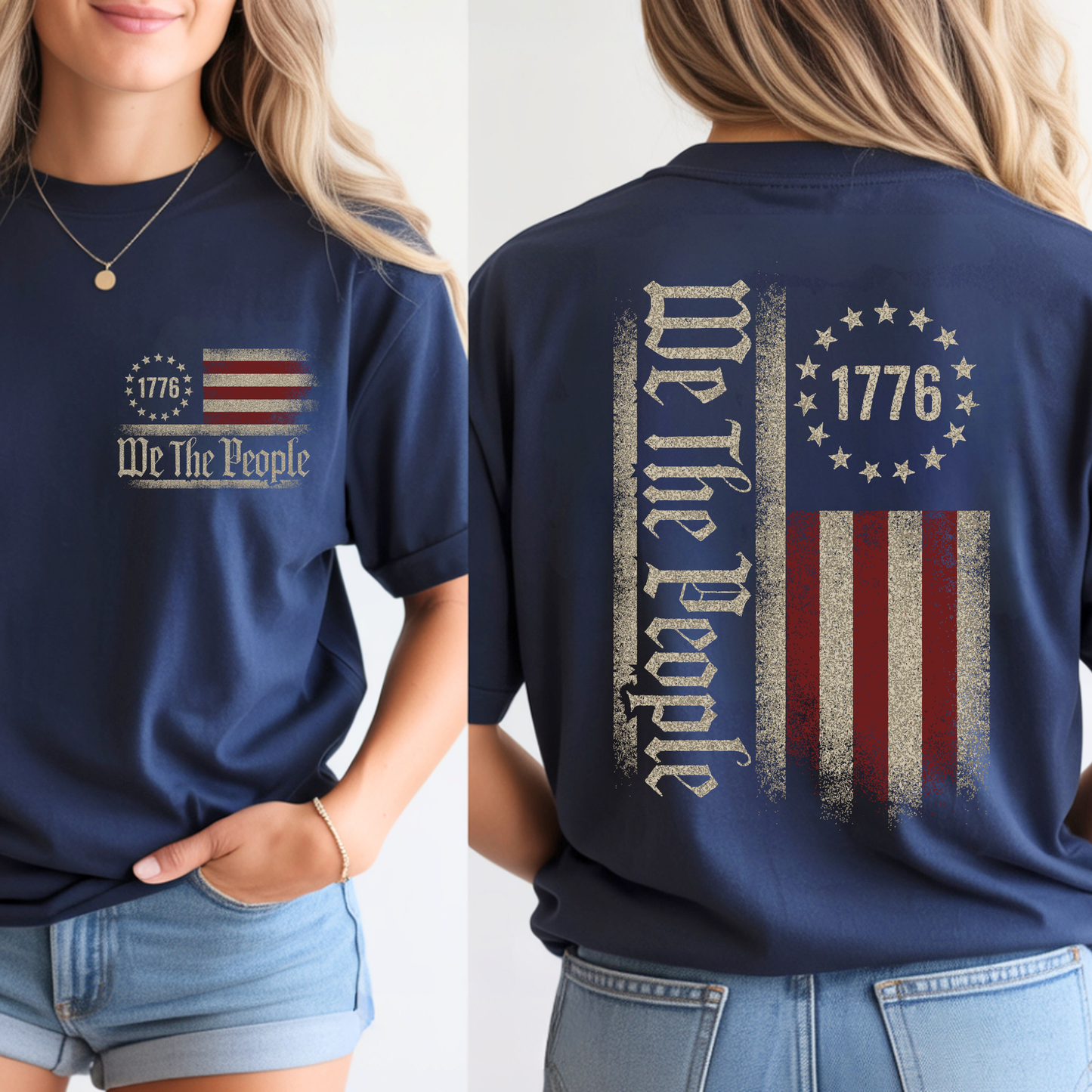 Navy blue t-shirt with 'We The People' and American flag design on front and back