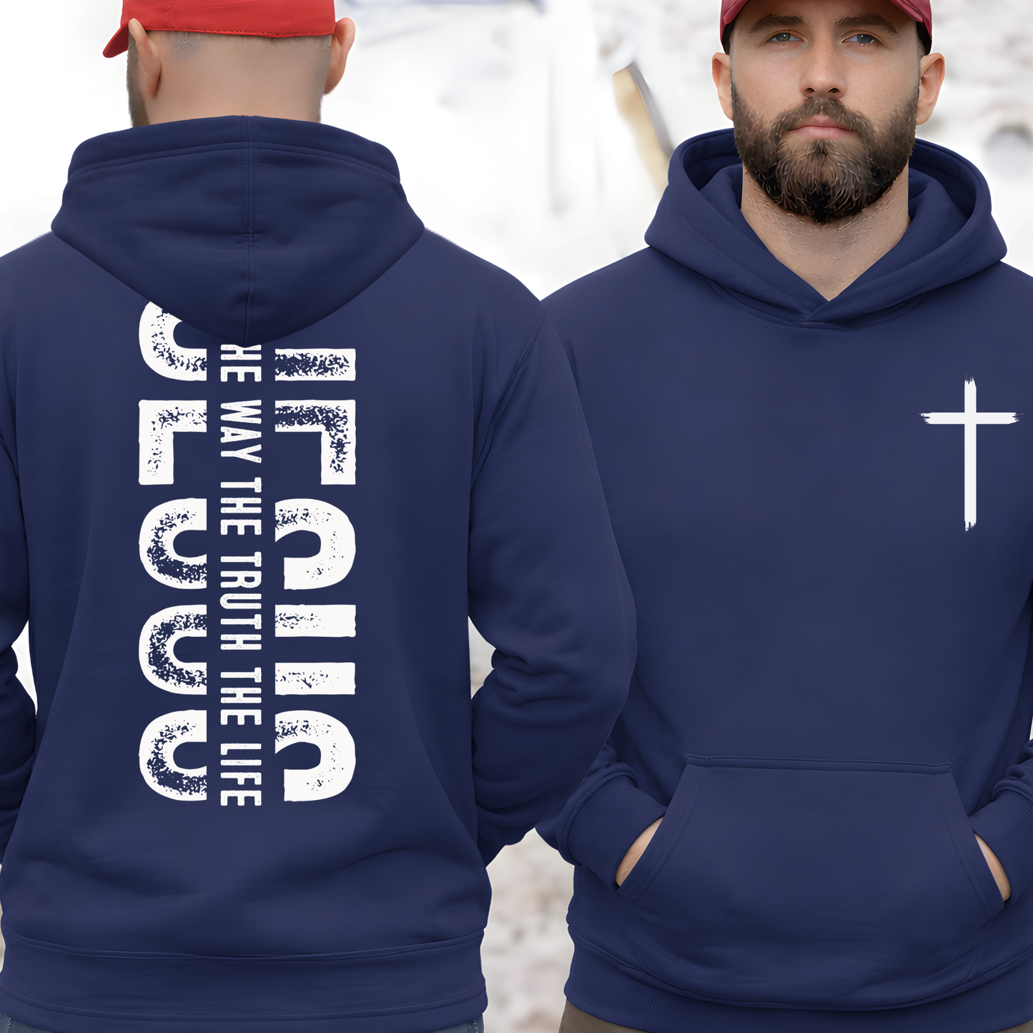Navy blue Christian hoodie with front cross graphic and vertical Jesus The Way The Truth The Life design on back