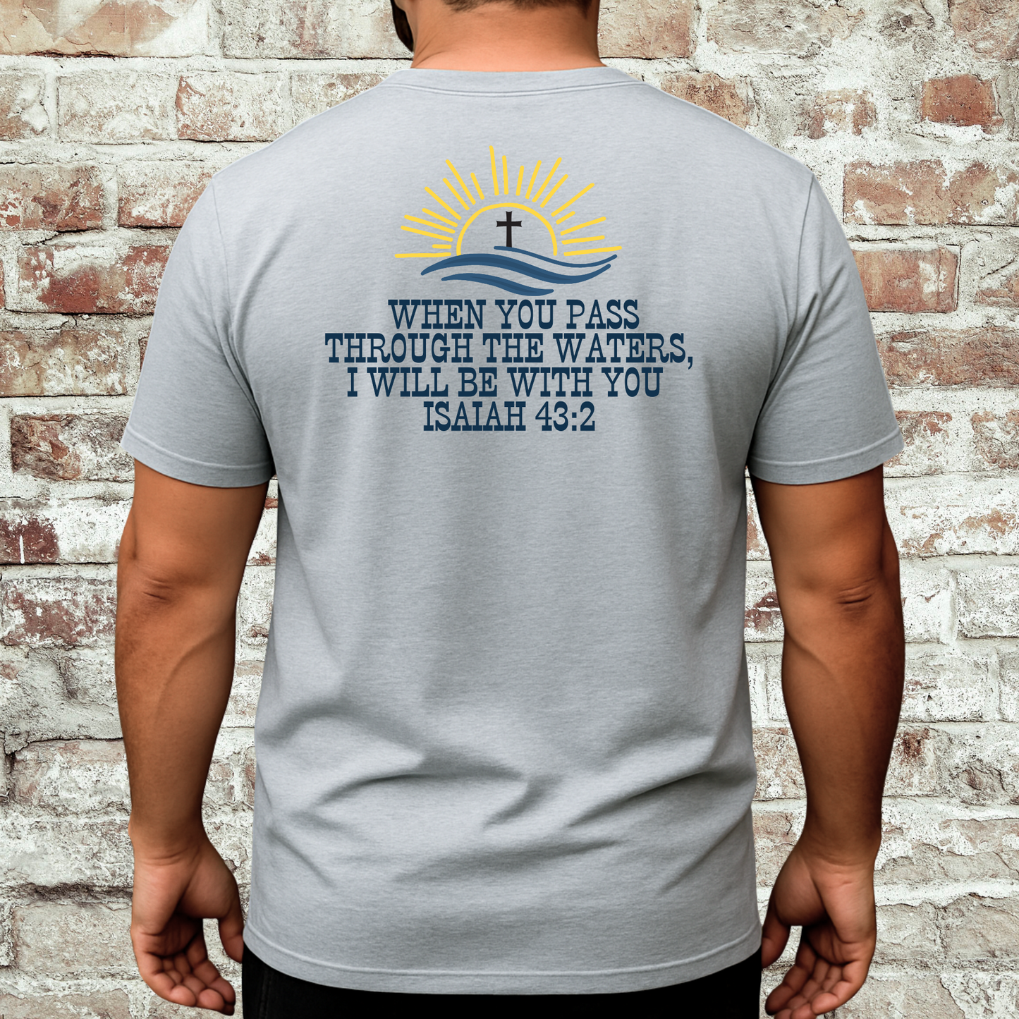 Black Christian T-shirt showing Isaiah 43:2 verse with sunrise and cross graphic – flood relief support shirt for men