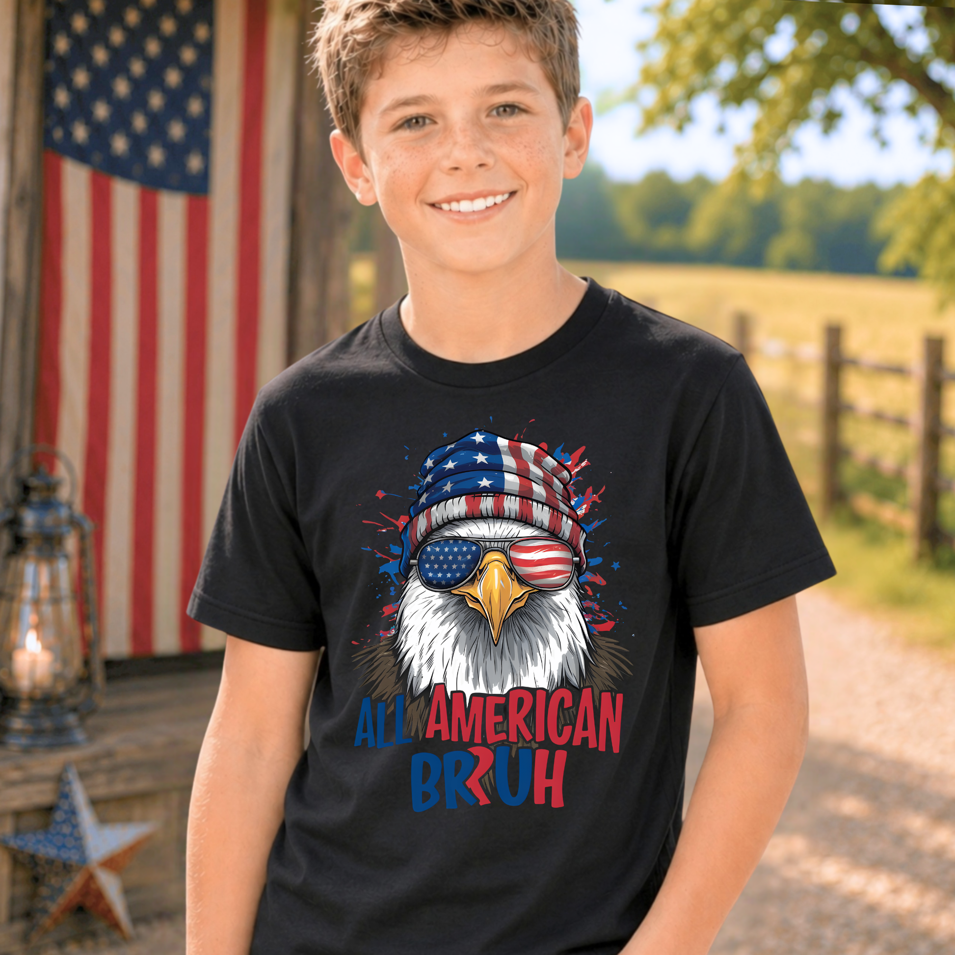 Child wearing a black t-shirt with an eagle graphic and 'All American Bruh' text, standing outdoors with an American flag in the background.
