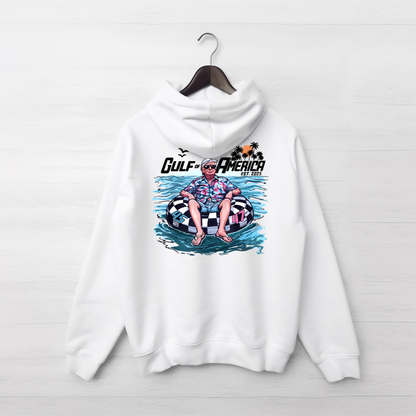 White hoodie with a graphic design of  Donald Trumpon an inner tube, hanging on a wooden hanger against a white background.