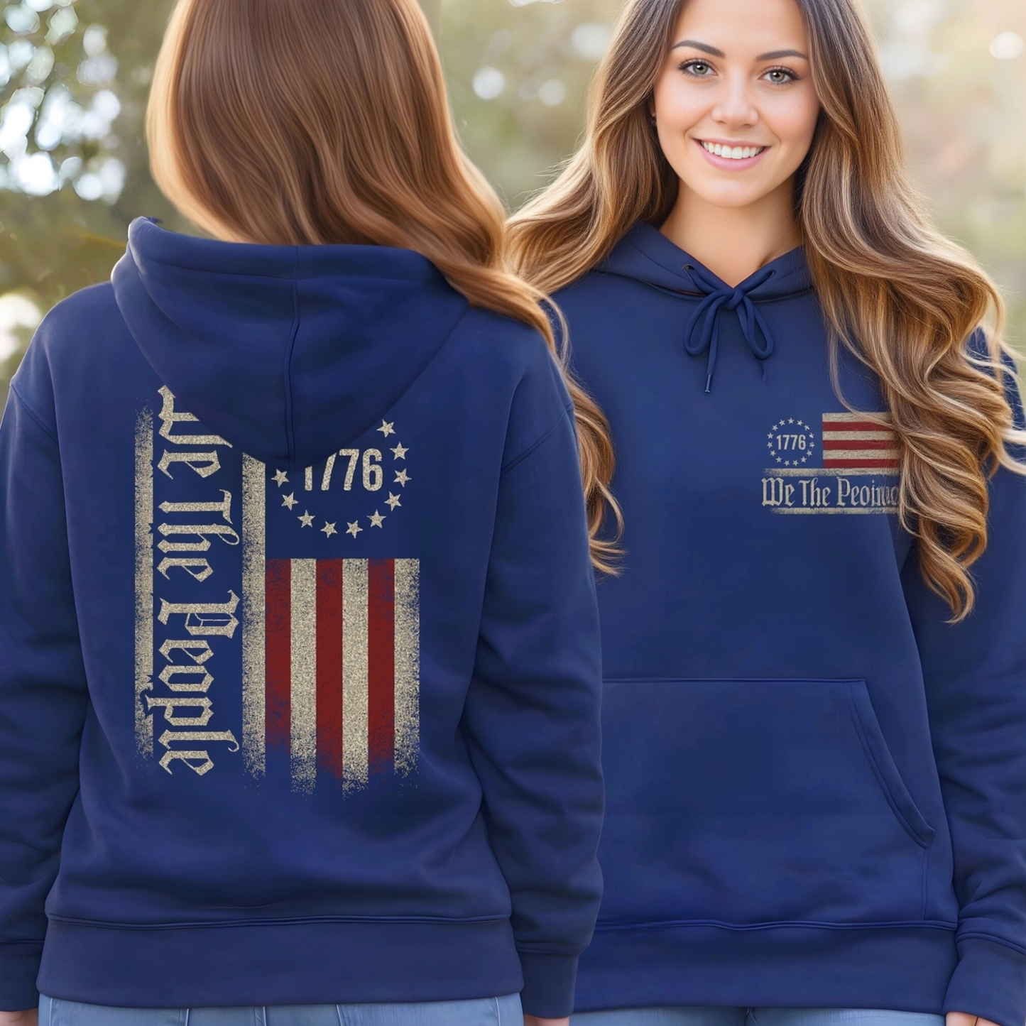 Navy blue hoodie with 'We The People' text and American flag design, worn by a person outdoors.