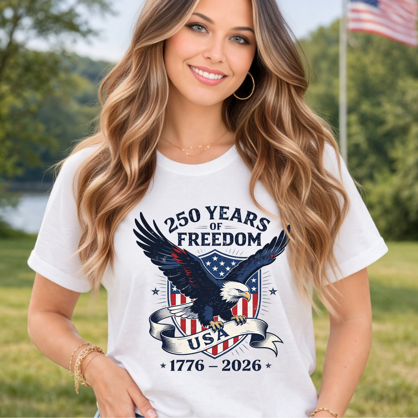 woman wearing America 250 Eagle Patriotic T-Shirt 1776–2026