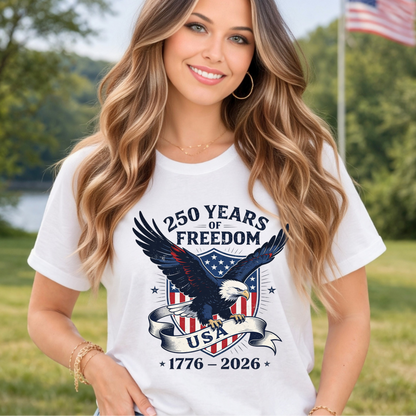 woman wearing America 250 Eagle Patriotic T-Shirt 1776–2026