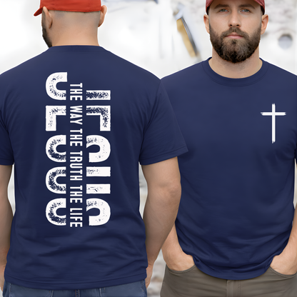 Navy blue Christian t-shirt with small cross on chest and bold Jesus The Way The Truth The Life back graphic