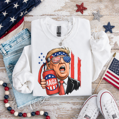 White patriotic beer shirt flat lay with USA themed props