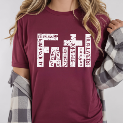 Maroon unisex Christian t-shirt lifestyle image with faith cross design
