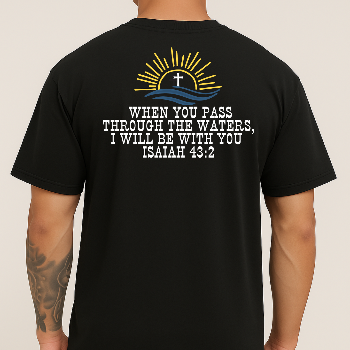 Gray Pray for Texas back print shirt with Bible verse Isaiah 43:2 and cross above water – unisex Christian scripture tee