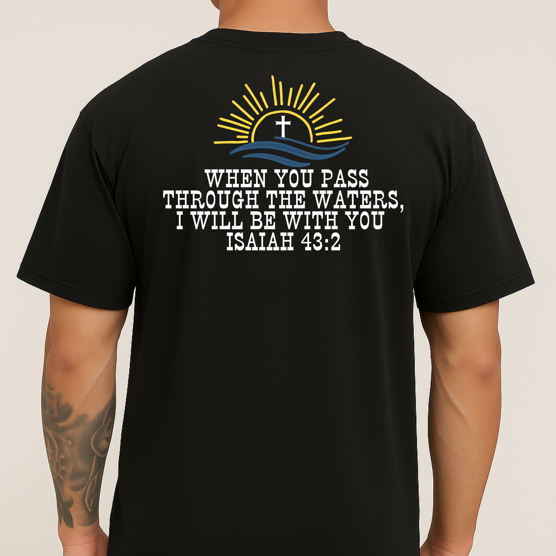 Gray Pray for Texas back print shirt with Bible verse Isaiah 43:2 and cross above water – unisex Christian scripture tee