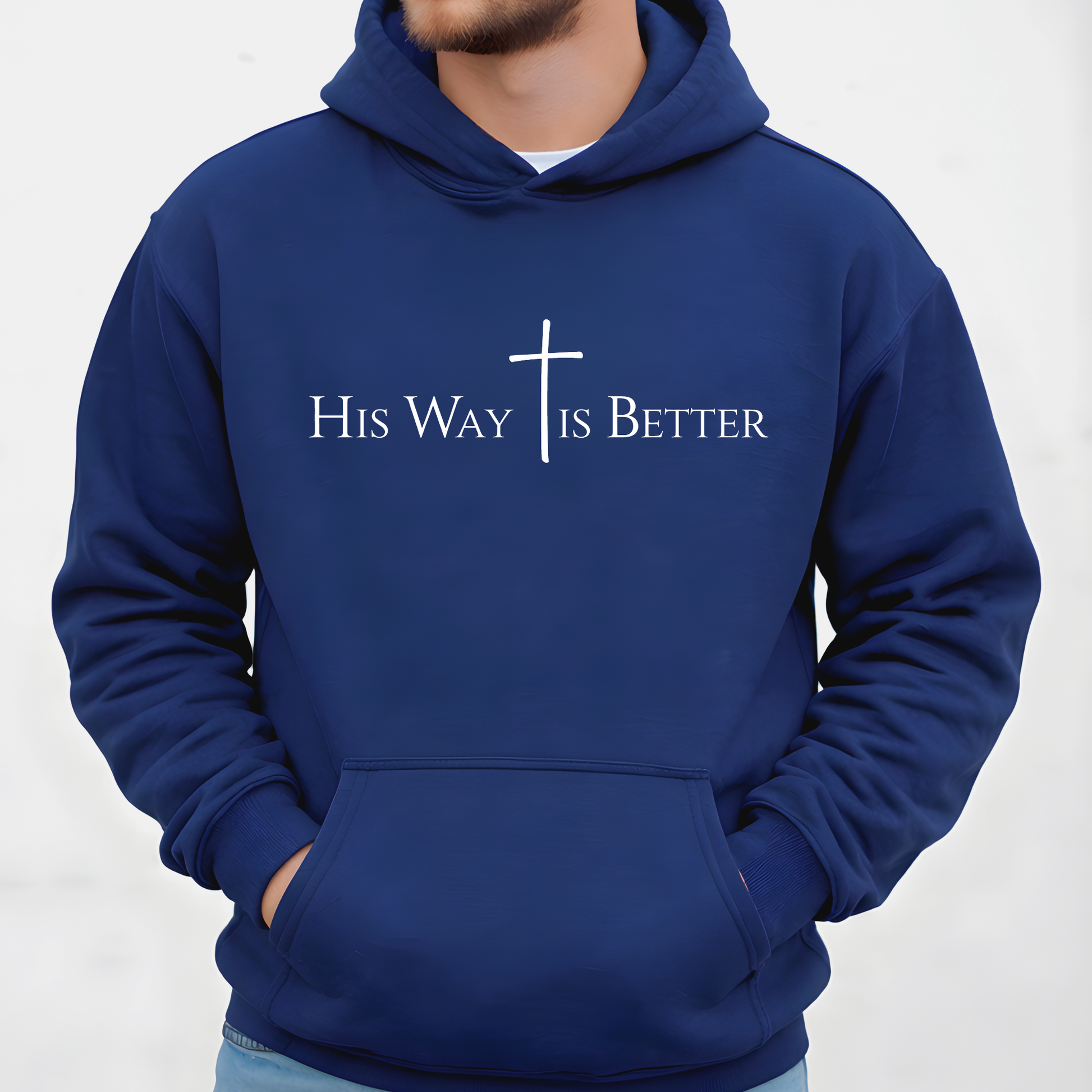 Navy blue hoodie with 'His Way is Better' text and cross on a white background