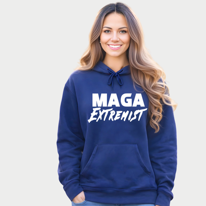 Woman wearing navy blue MAGA Extremist hoodie with front pocket, patriotic conservative hoodie