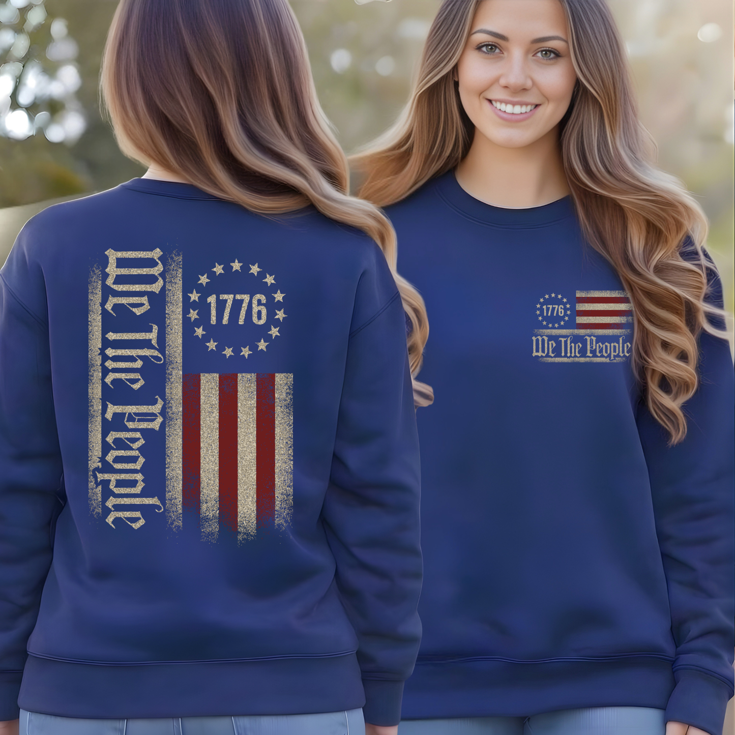 Woman wearing a blue sweatshirt with 'We The People' and 1776 design on the front and back.