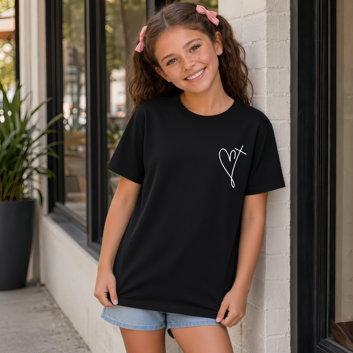 Girl wearing a black youth T-shirt with a small heart cross graphic on the front chest.