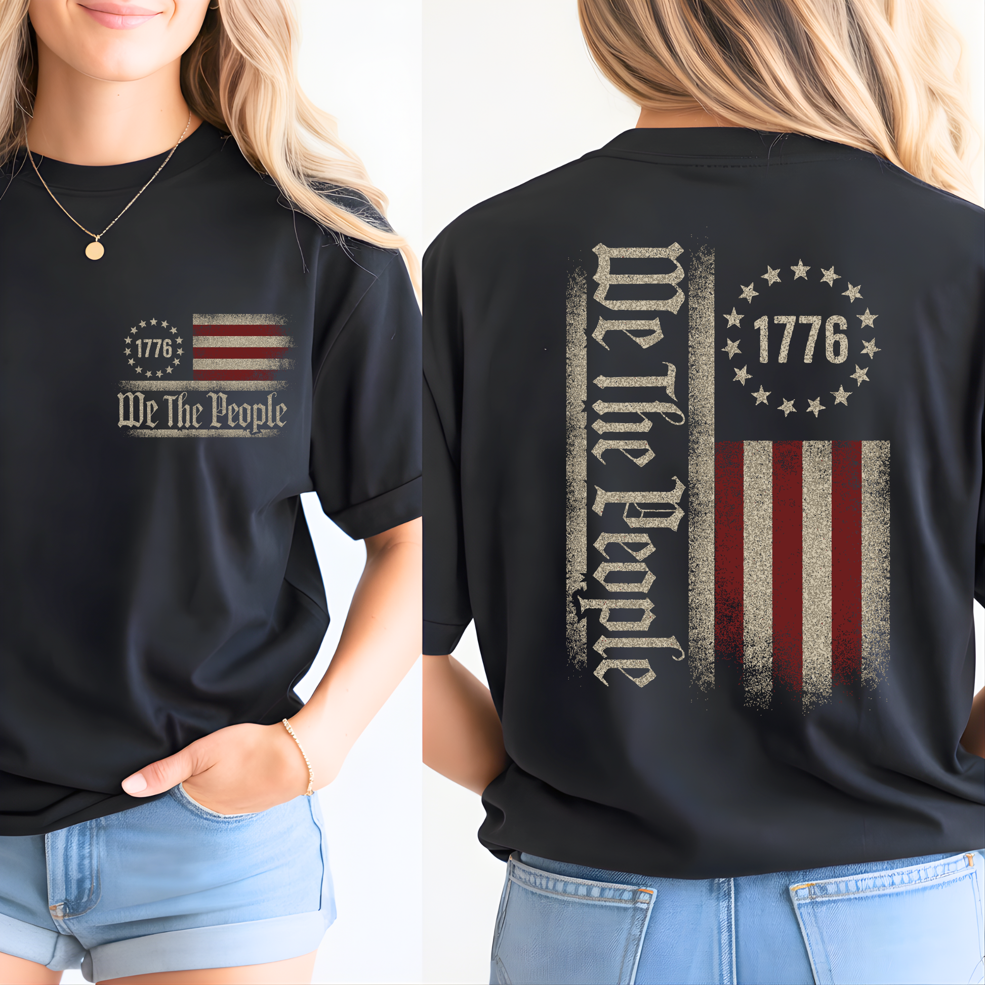 Black t-shirt with 'We The People' and American flag design on front and back