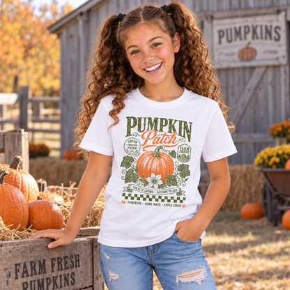 Girl wearing a white youth T-shirt with vintage Pumpkin Patch pumpkin and floral design at a rustic fall pumpkin farm