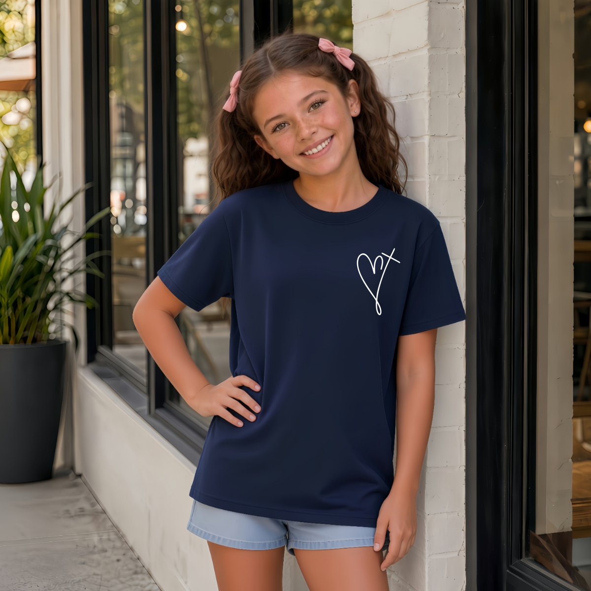 Girl wearing a navy youth T-shirt with a small heart cross graphic on the front chest.