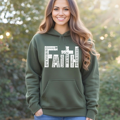 Woman wearing military green unisex Christian hoodie with faith cross design
