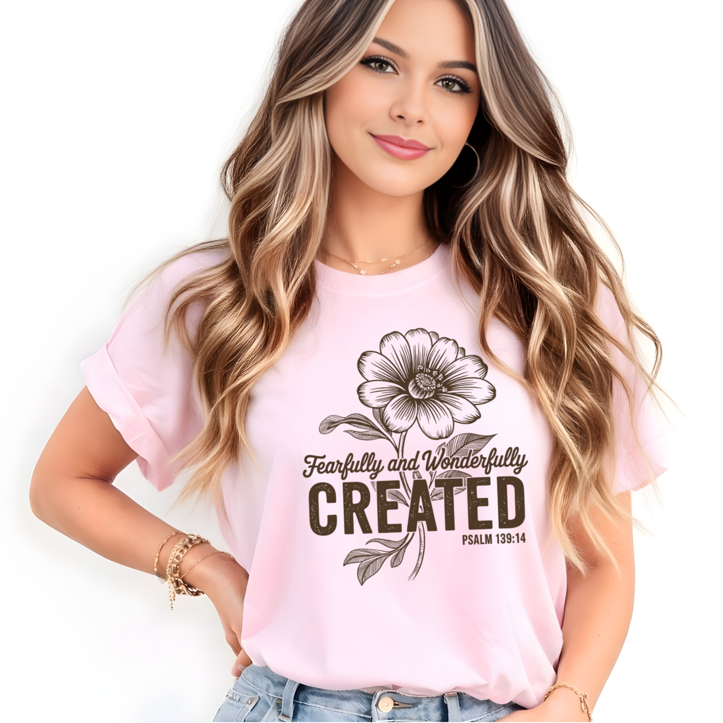Woman wearing a pink t-shirt with a  Christian floral design and text on a white background