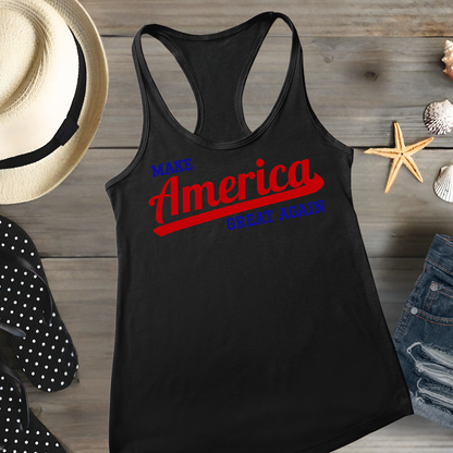 Close-up flat lay of black MAGA tank top showing detailed vintage script design in red and blue