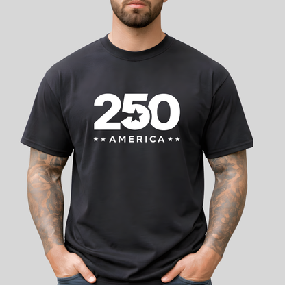 Person wearing a black t-shirt with '250 America' printed on it against a gray background