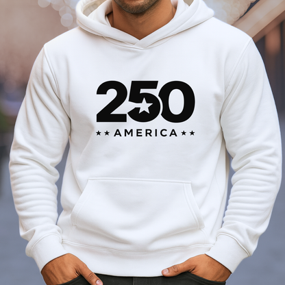 White hoodie with '250 America' text on a blurred background