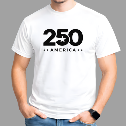 White t-shirt with '250 America' printed on it worn by a person against a gray background