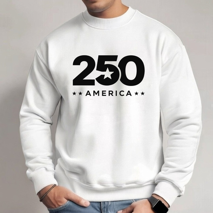 White sweatshirt with '250 America' text on a gray background