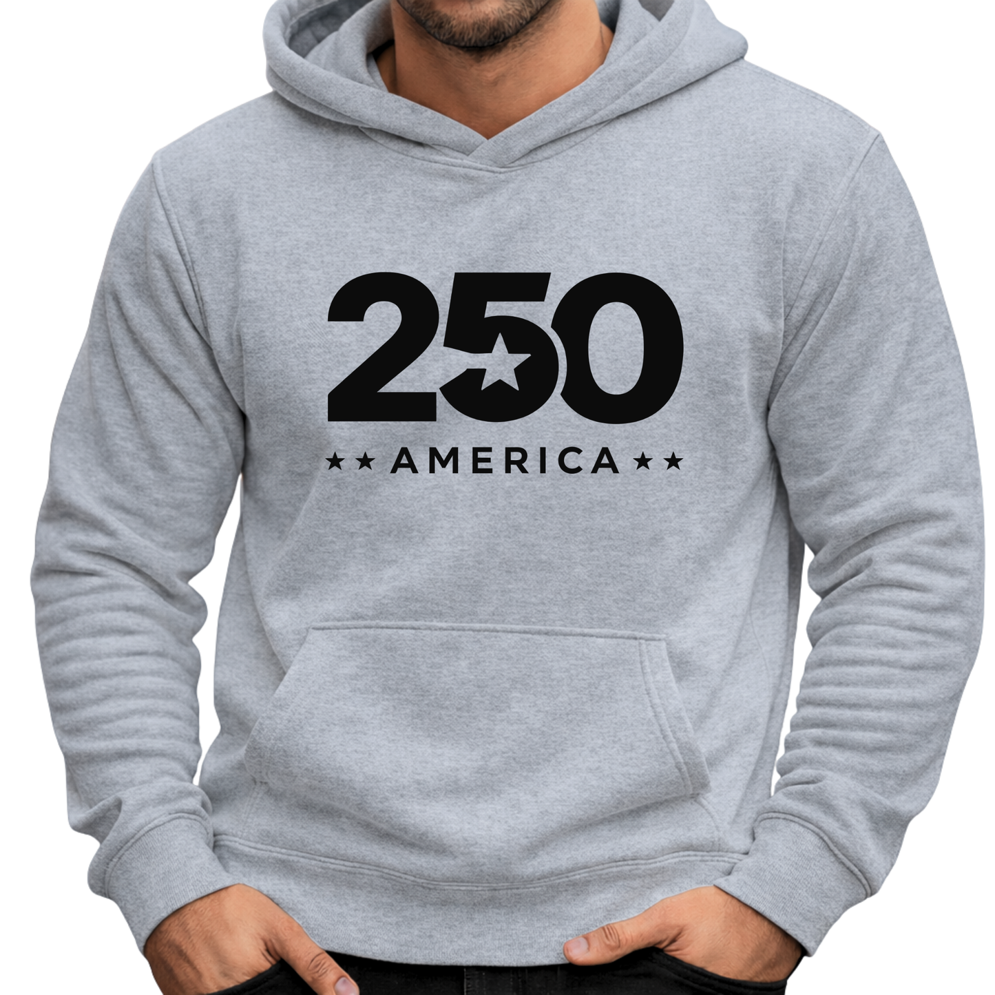 Gray hoodie with '250 America' text on a white background