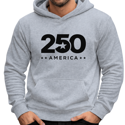 Gray hoodie with '250 America' text on a white background
