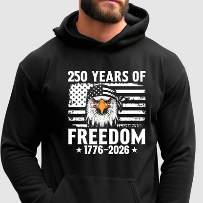 250 Years of Freedom 1776–2026 patriotic eagle design on black men’s pullover hoodie worn by model