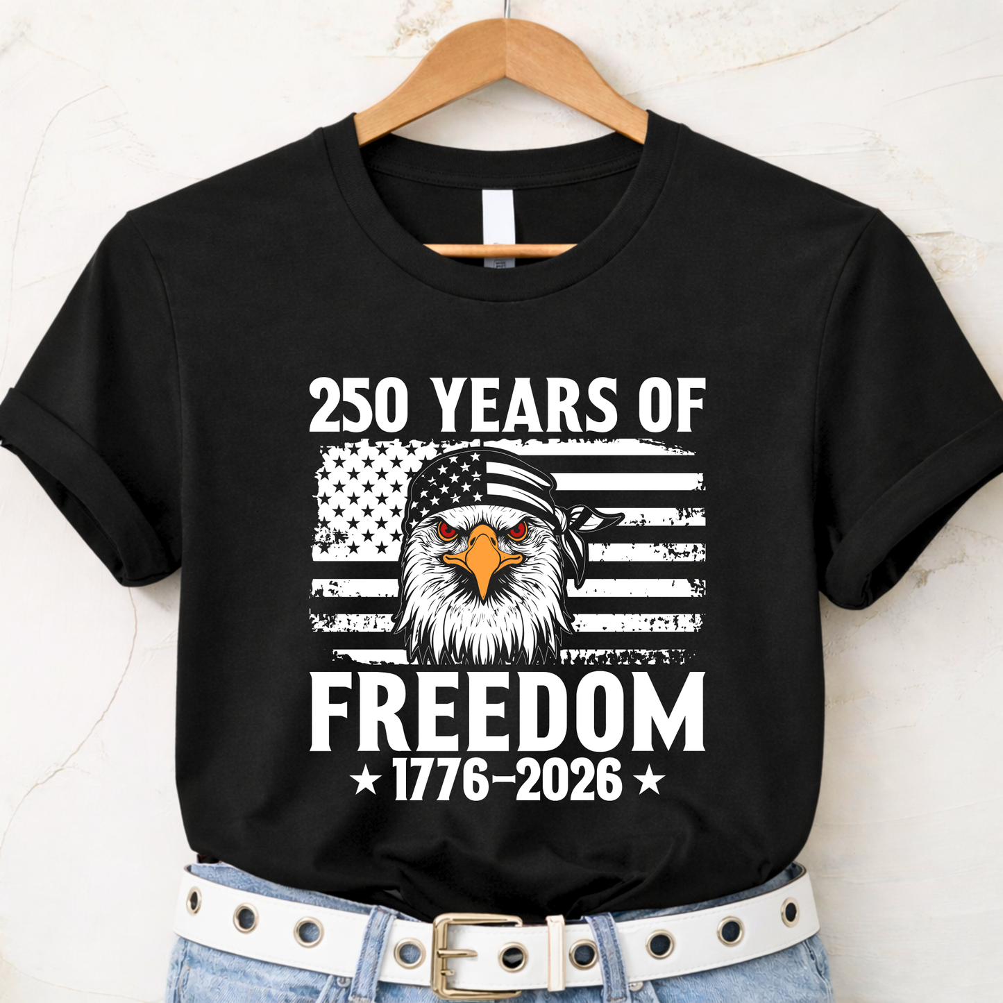 250 Years of Freedom distressed American flag eagle design on black women’s t-shirt worn by model