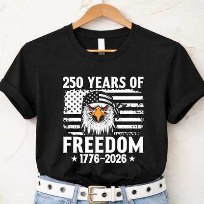 250 Years of Freedom distressed American flag eagle design on black women’s t-shirt worn by model
