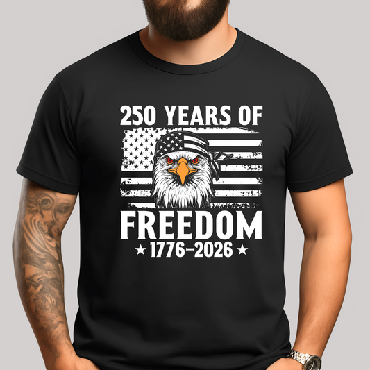 250 Years of Freedom eagle graphic on black men’s short sleeve t-shirt worn by male model