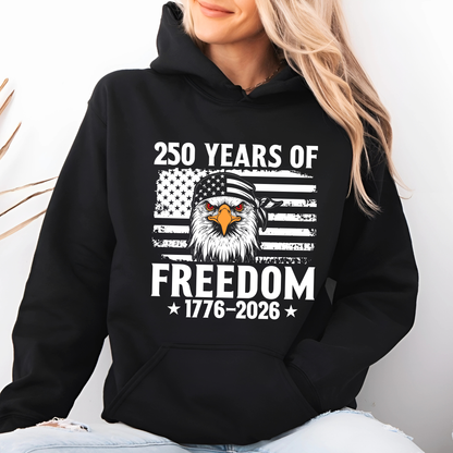 250 Years of Freedom patriotic eagle graphic on black women’s pullover hoodie lifestyle mockup