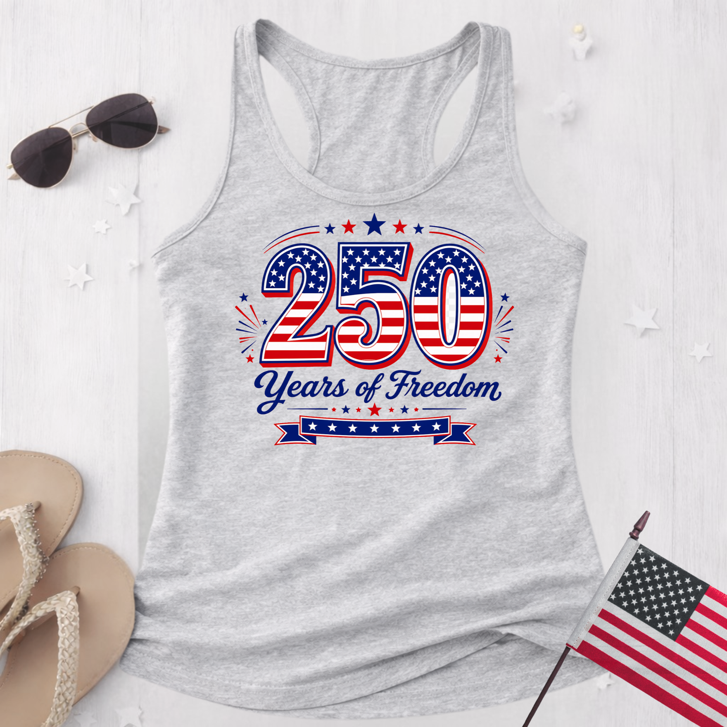 Gray tank top with '250 Years of Freedom' design on a white background