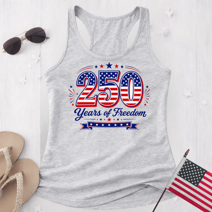 Gray tank top with '250 Years of Freedom' design on a white background