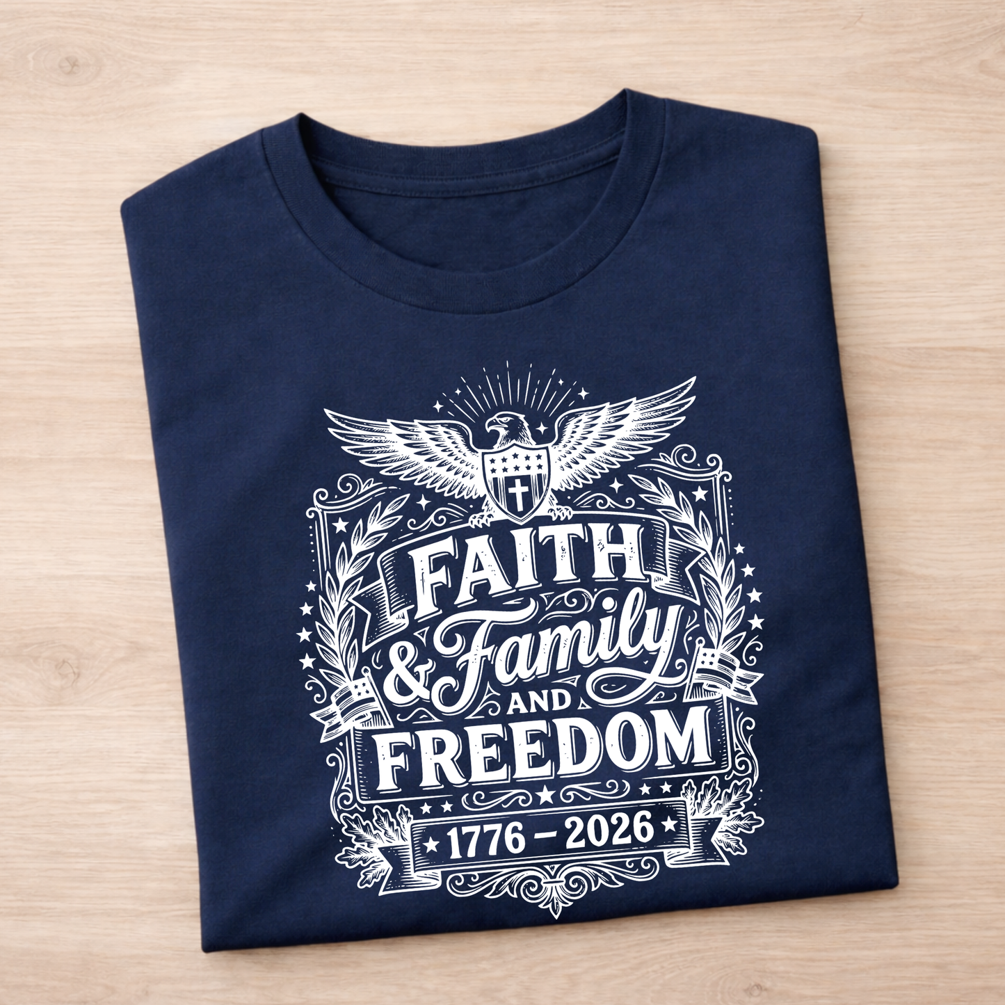 Navy blue t-shirt with Faith, Family and Freeom in white graphic design on a wooden surface