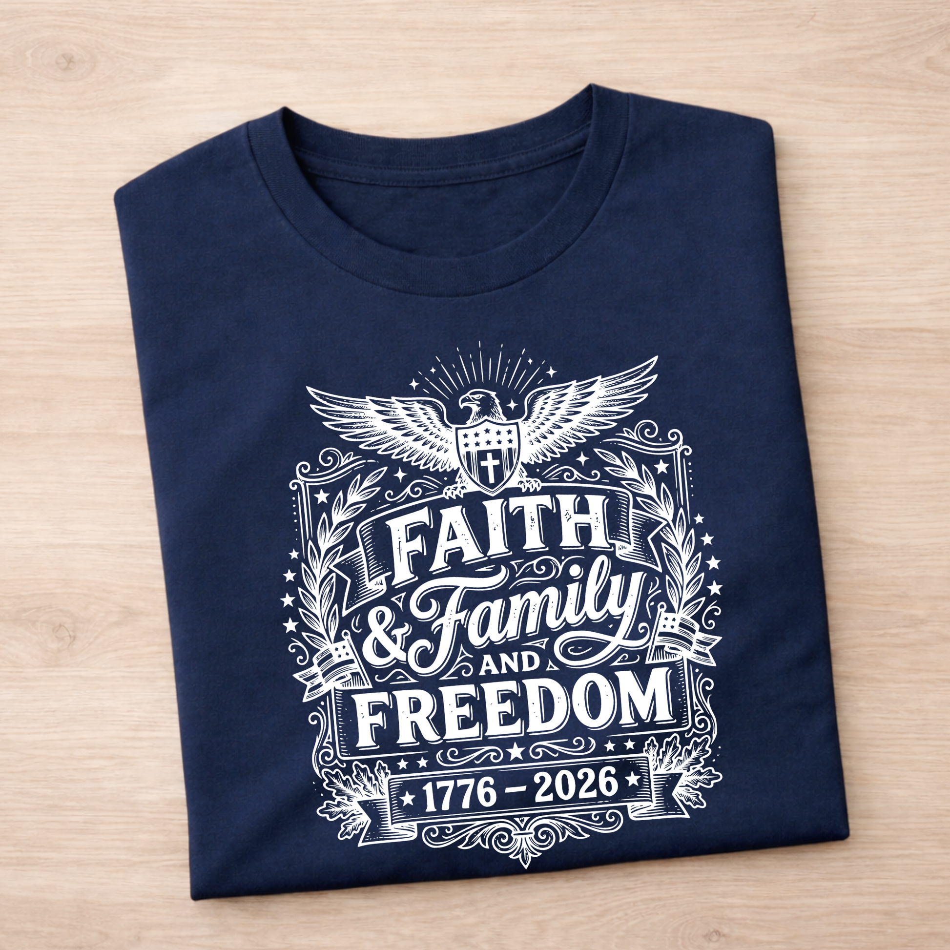 Navy blue t-shirt with Faith, Family and Freeom in white graphic design on a wooden surface