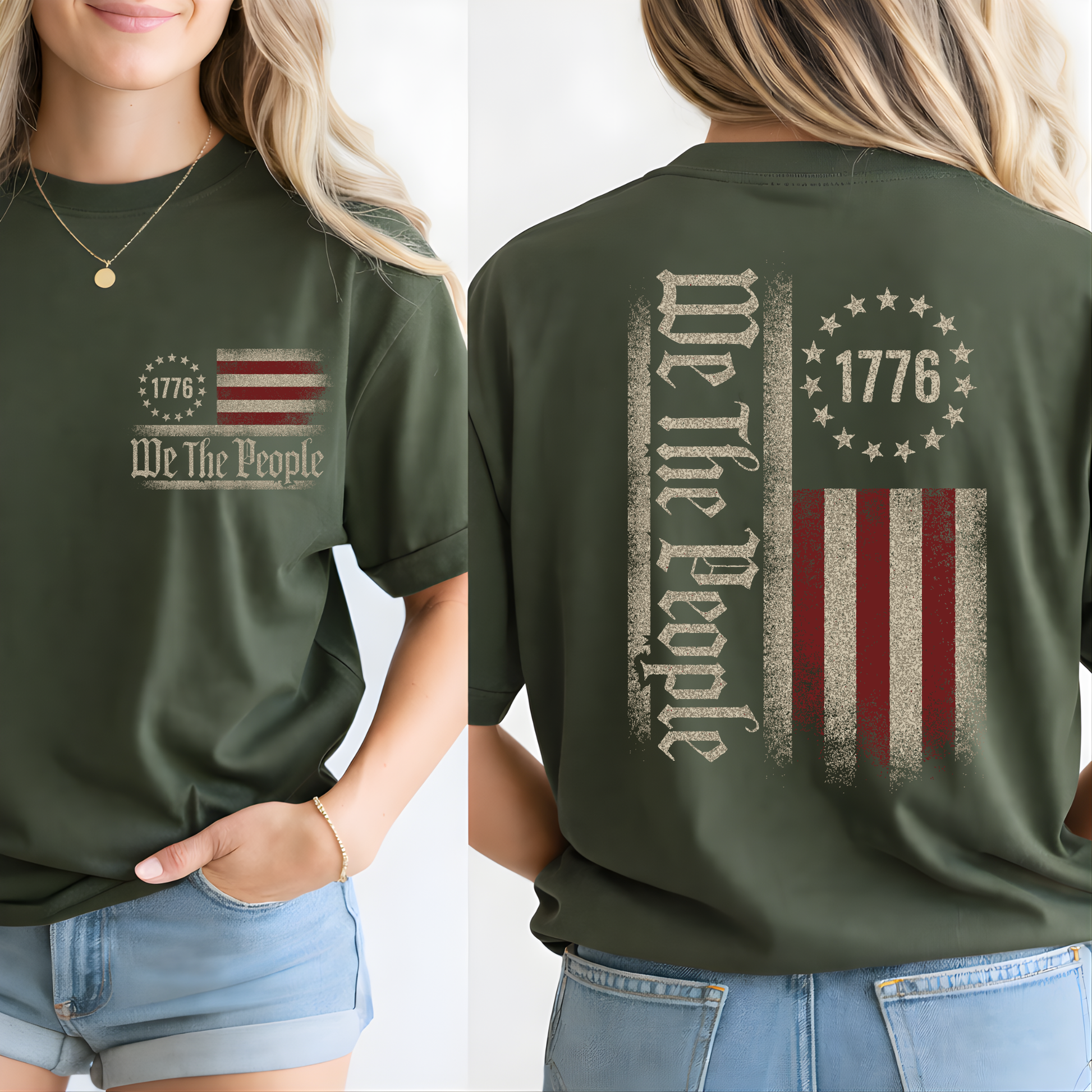 Green t-shirt with 'We The People' and American flag design on front and back