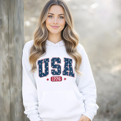 America 250 USA 1776 patriotic white hoodie, distressed American flag design, celebrating 1776 to 2026