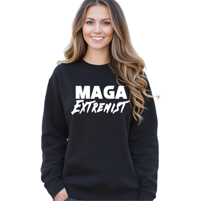 Woman wearing black MAGA Extremist sweatshirt, minimalist studio background