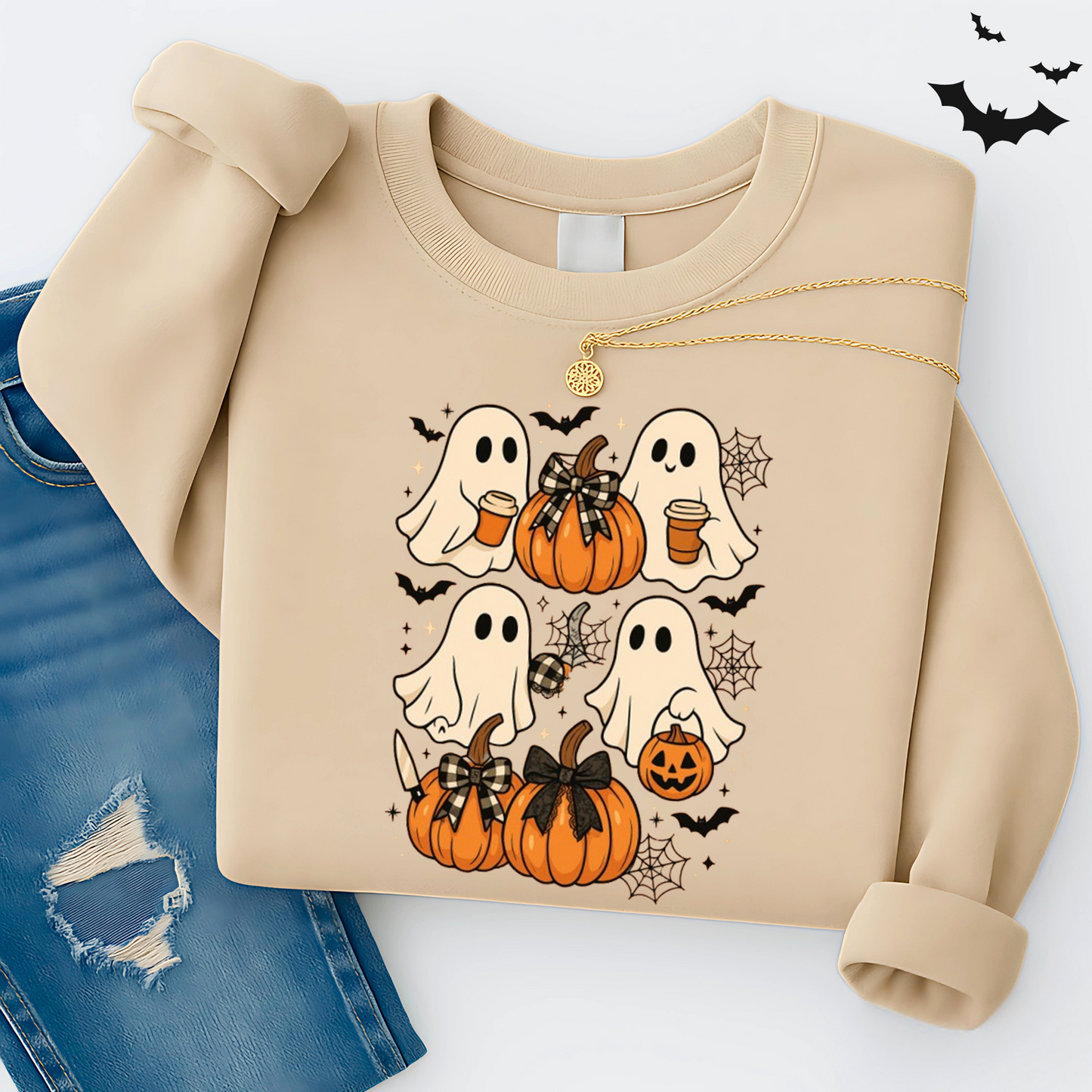 Beige Halloween sweatshirt featuring cute ghost designs with pumpkins, coffee cups, bats, and cobwebs. Cozy fall crewneck perfect for spooky season outfits, pumpkin patch visits, and Halloween celebrations.