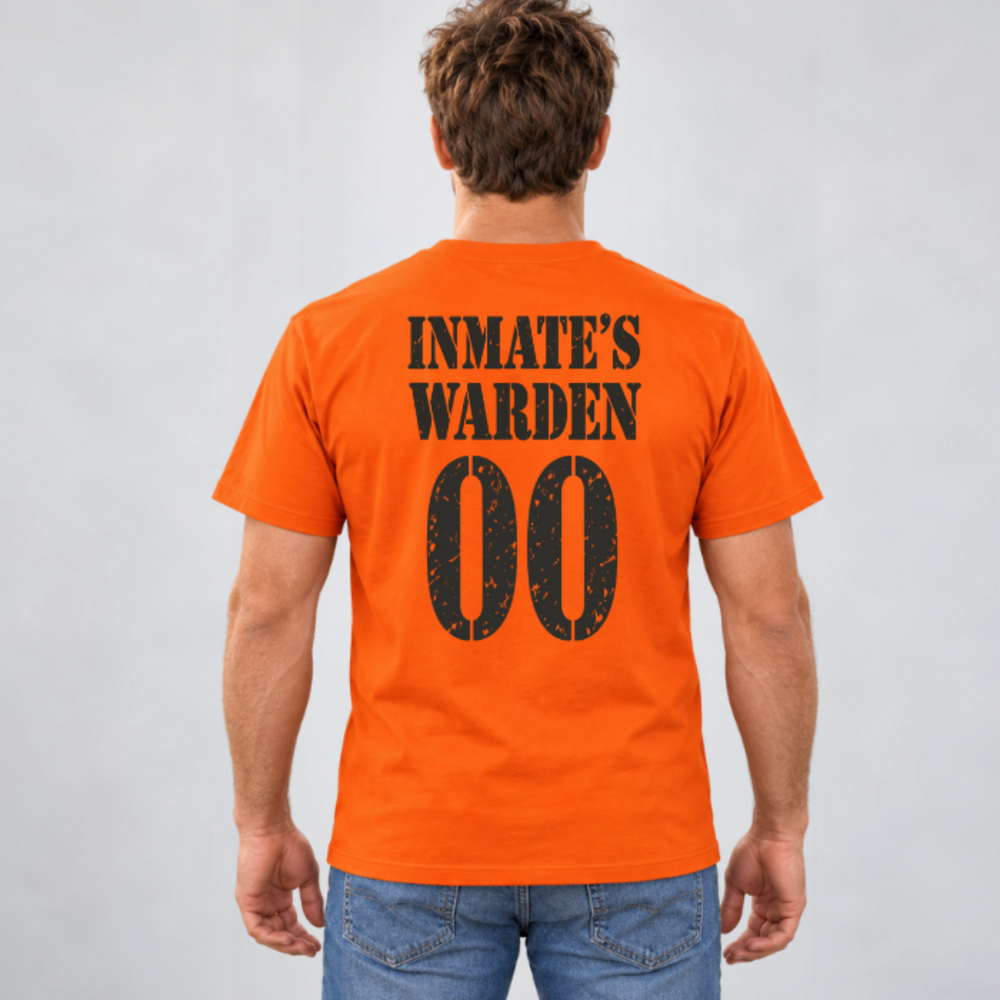 Back view of a man wearing an orange Roctown parent shirt with worn black INMATE’S WARDEN lettering above the example player number 00.