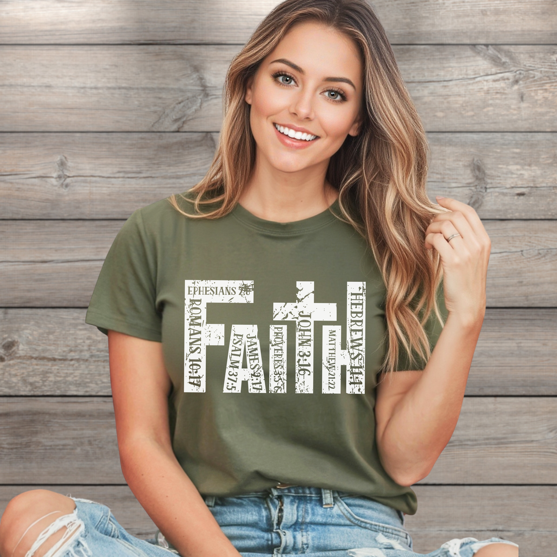 Woman wearing military green unisex Christian t-shirt with faith scripture graphic