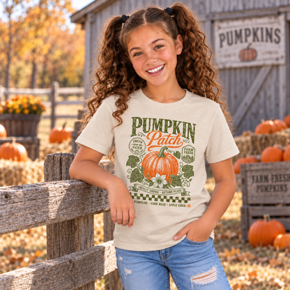 Girl wearing a sand youth T-shirt with vintage Pumpkin Patch pumpkin and floral design beside a rustic fence and pumpkins